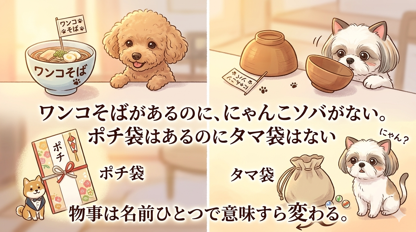 ワンコそばとにゃんこソバ ポチ袋とタマ袋を比較したイラスト - 名前ひとつで意味が変わる名言