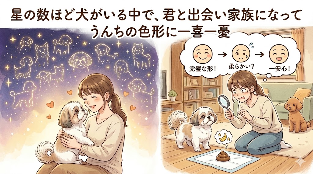 あんずを抱きしめる飼い主とうんちチェックに一喜一憂するイラスト - 犬と家族になる奇跡の名言