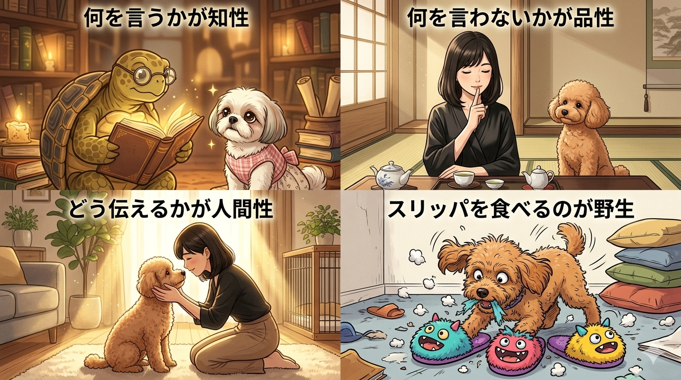 知性品性人間性野生をテーマにした4コマ風イラスト タル吉とシーズーとトイプードル - 犬の名言第四弾