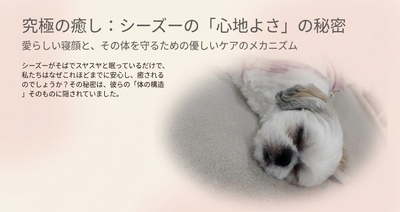 眠るシーズーあんずと究極の癒しを伝えるタイトル画像 - シーズーの柔らかい体と抱き心地の秘密
