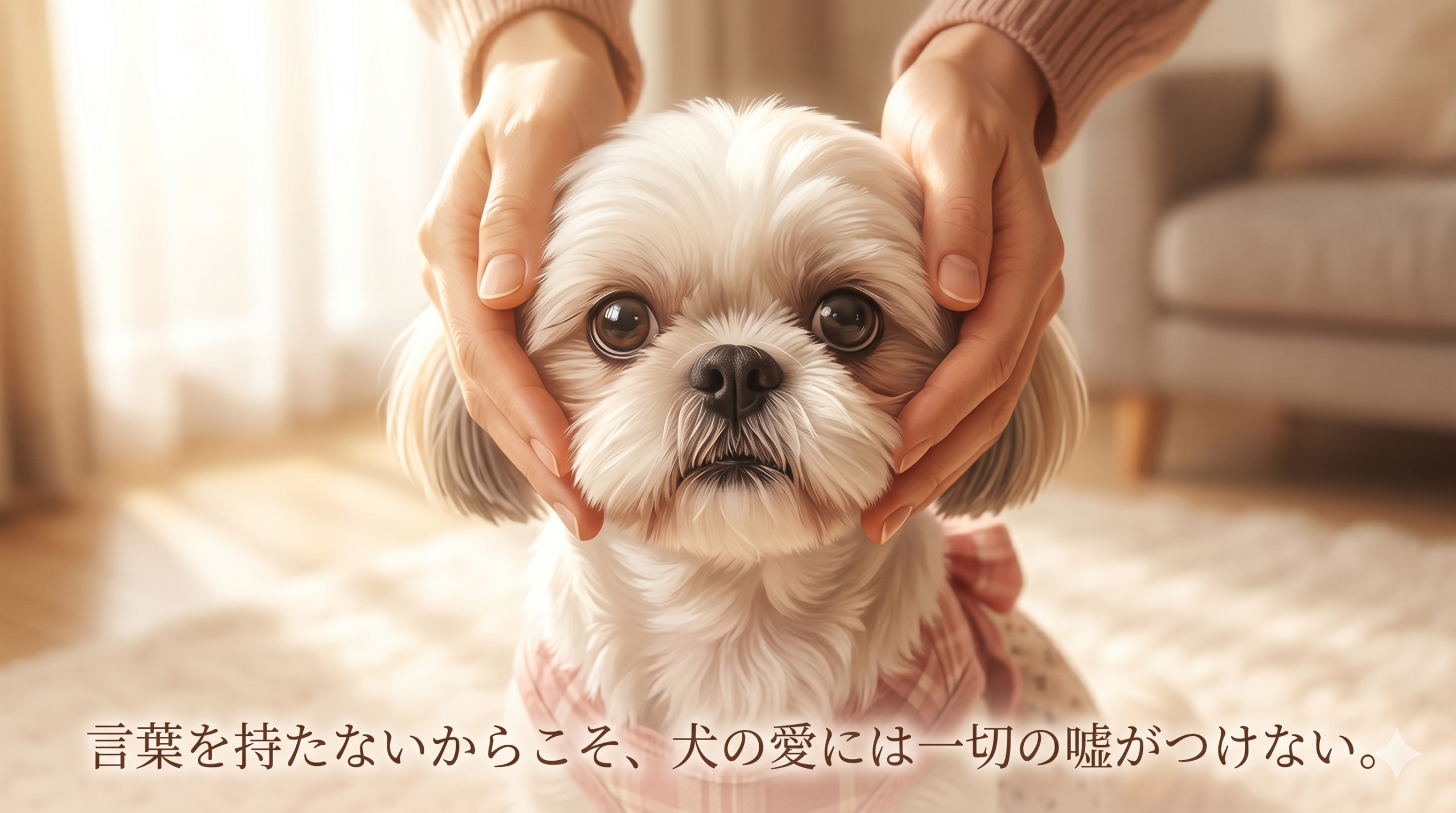 飼い主に顔を包まれてまっすぐ見つめるシーズー - 言葉を持たないからこそ犬の愛には嘘がつけない名言
