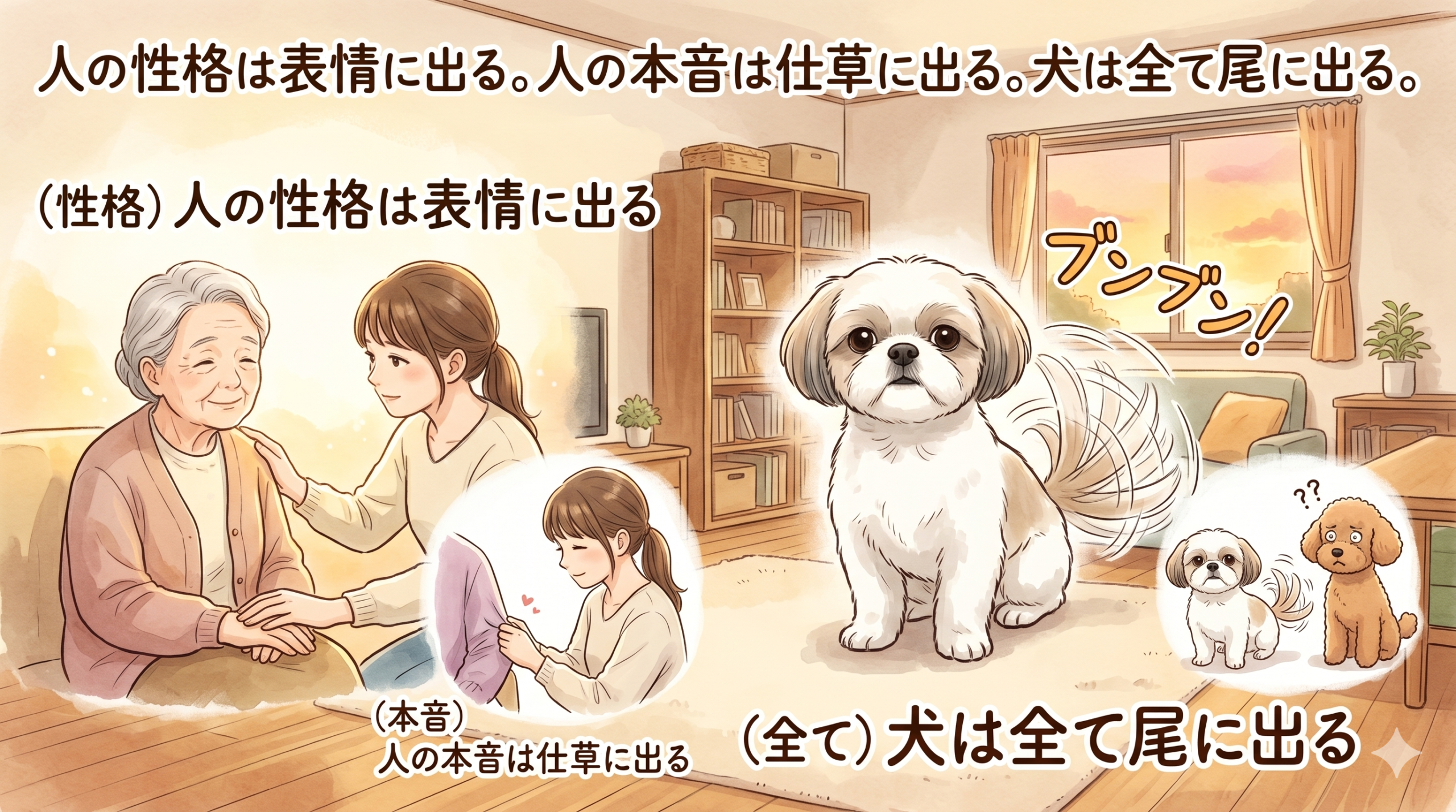 あんずがブンブンと尻尾を振る様子と本音は仕草に出るという名言のイラスト - 犬は全て尾に出る