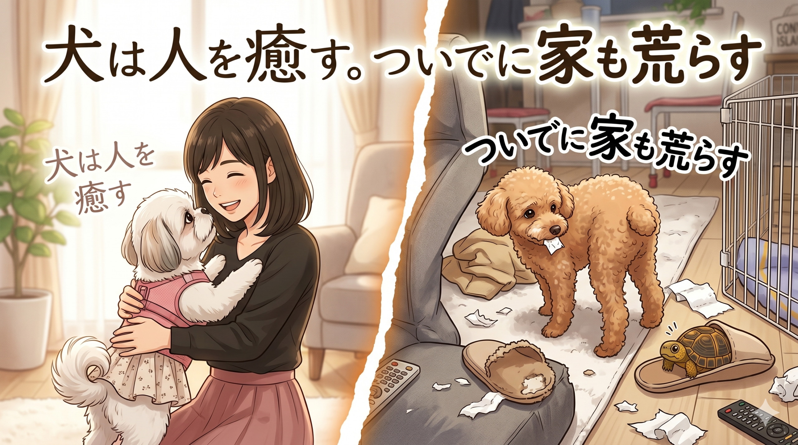 飼い主を癒すシーズーと部屋を荒らすトイプードルの対比イラスト - 犬は人を癒すついでに家も荒らす名言