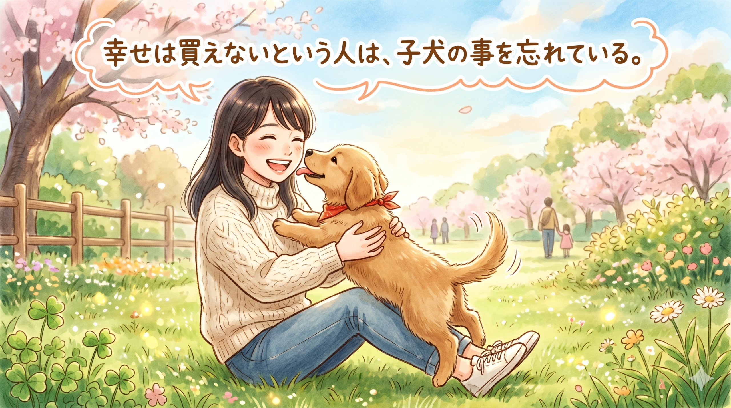 桜の下で子犬を抱きしめて笑う飼い主の女性 - 幸せは買えないという人は子犬を忘れている名言