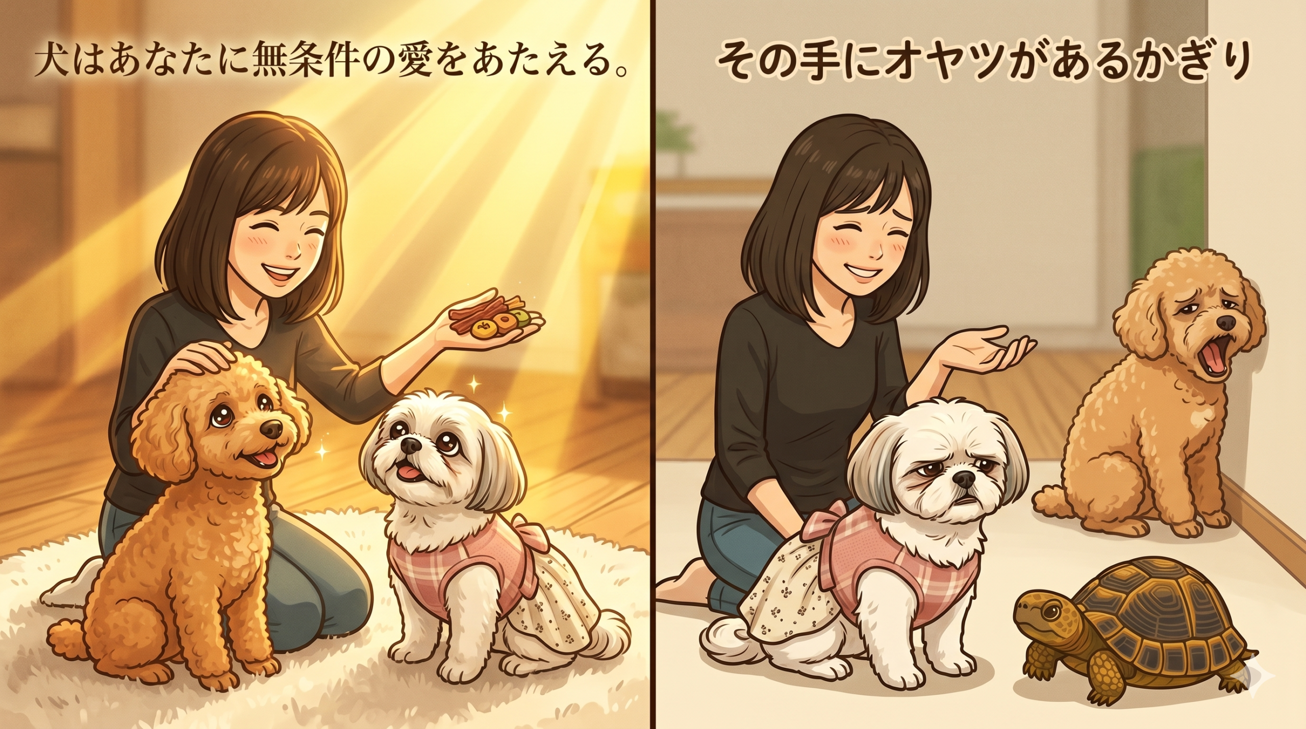 飼い主の手のオヤツを見つめるトイプードルとシーズーとリクガメ - 犬の名言第三弾無条件の愛とオヤツ