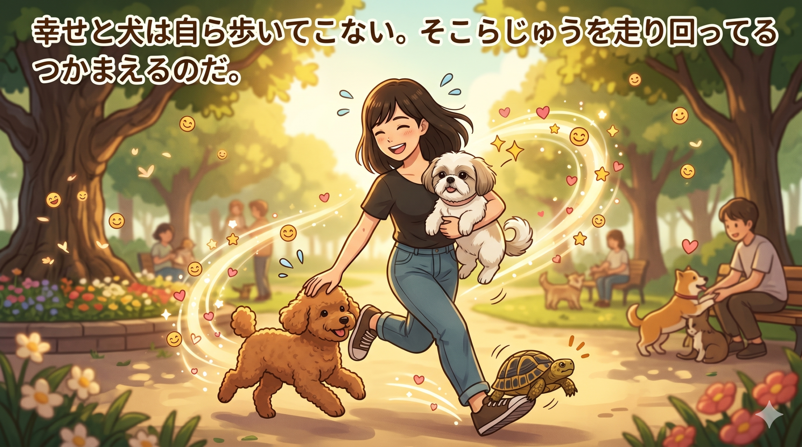 ハルがレオとあんずとタル吉と一緒に公園を走る - 犬好き名言3選イラスト