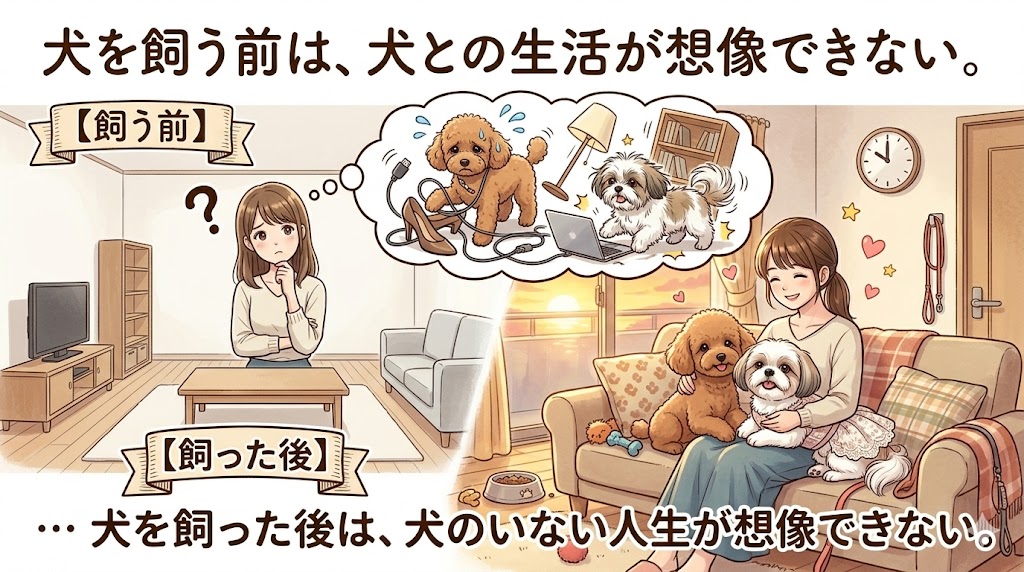 犬を飼う前と飼った後の生活の変化を比較したイラスト - 犬の名言第二弾