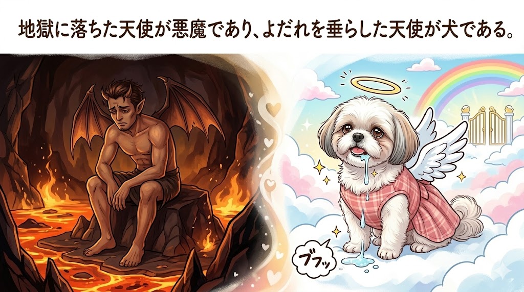 地獄の悪魔と天国でよだれを垂らす天使の犬を対比したイラスト - 犬の名言よだれを垂らした天使