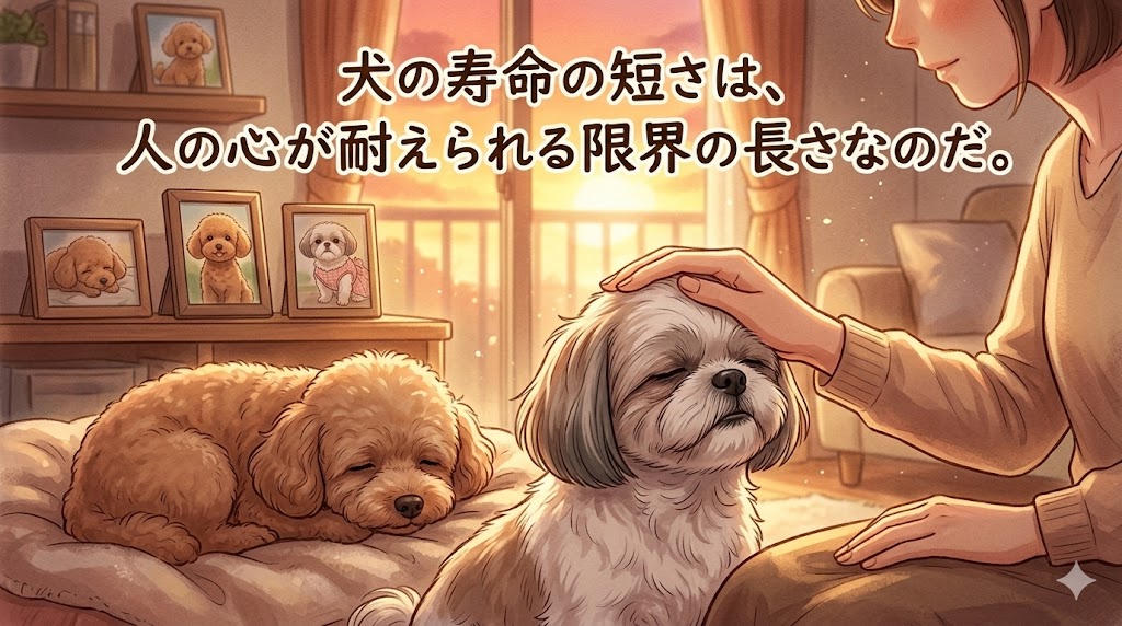 眠るトイプードルと飼い主に撫でられるシーズー - 犬の寿命と愛情の名言イラスト