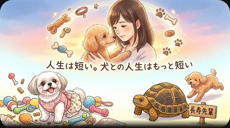 人生は短い犬との人生はもっと短いという名言とシーズートイプードルリクガメのイラスト
