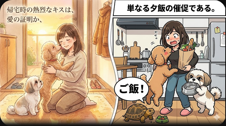 飼い主に熱烈なキスをする犬と夕飯の催促をする犬の2コマイラスト - 愛情表現の正体名言
