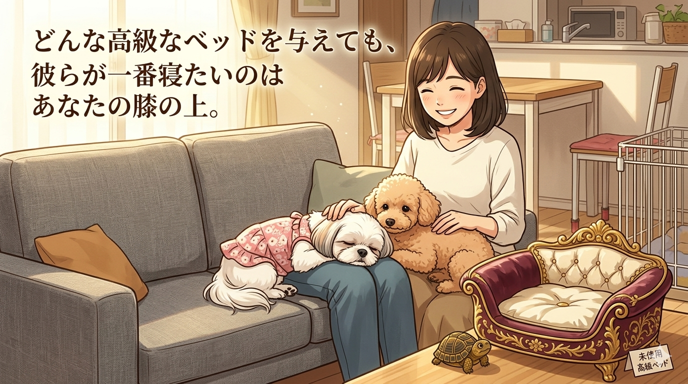 ソファでハルの膝の上に寄り添って眠るトイプードルのレオとシーズーのあんず - 犬あるある 膝の上が好き