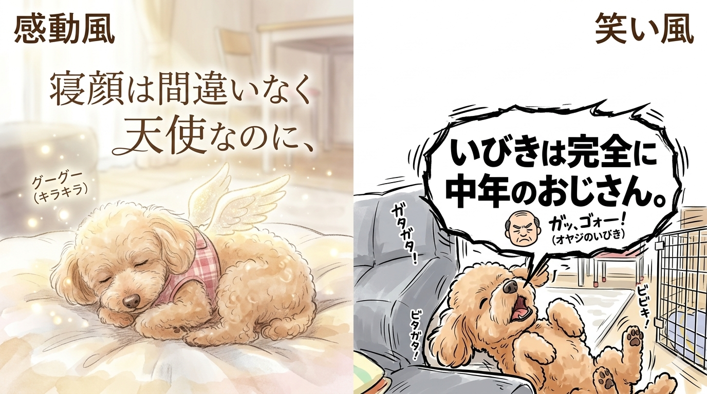 天使のように眠るトイプードル(感動風)といびきをかくトイプードル(笑い風)の対比イラスト - 犬の寝顔あるある