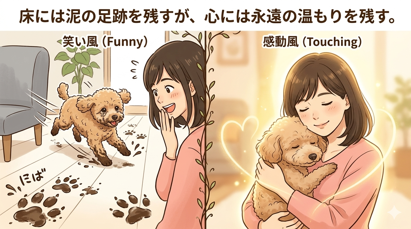 泥だらけの足跡を残して走る犬(笑い風)と飼い主に抱きしめられる犬(感動風)の対比イラスト - ペットと暮らす日常の愛おしい瞬間